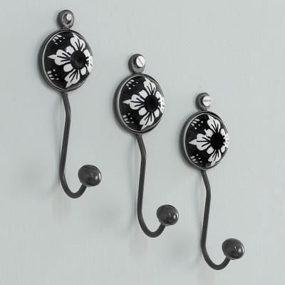 'Set of 3 Ceramic Coat Hooks with Hand-Painted Floral Accents'