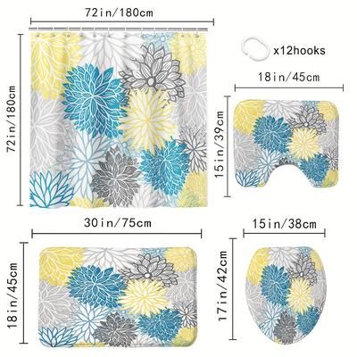 TEMU 4pcs Allover Floral Pattern Shower Curtain Set, Waterproof Bath Curtain With 12 Plastic Hooks, U-shaped Mat, Toilet Cover Mat, L-shaped Mat, Bathroom Decoration Accessories, 71x71inch/180cmx180cm