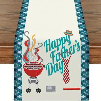 1pc, Polyester Table Runner, Happy Father's Day Bbq Theme With Bow Tie & Mustache, Festive Indoor & Outdoor Dining Table Decoration, Fits 4-6 People Table, Wipe Clean & Fade Resistant