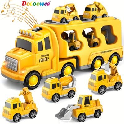 TEMU Doloowee Truck Toys For Toddlers 2 3 4 5 Years Old, 5 In 1 Construction Toy Car With Lights And Sounds, Excavator, Bulldozer, Crane And Mixer, Gift For Boys And Girls 3-5 Years Old