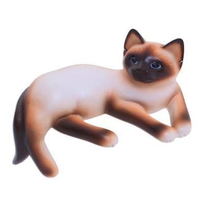 Wood statuette, 'Playful Siamese Kitten'