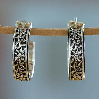 'Oxidized Sunflower-Themed Taxco Silver Half-Hoop Earrings'