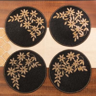 Nocturnal Bouquet,'Set of 4 Floral Black and Golden Glass Beaded Placemats'