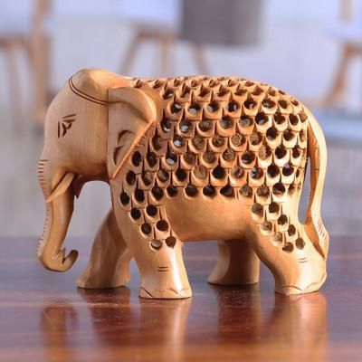 Regal Giant,'Hand-Carved Jali-Inspired Kadam Wood Elephant Sculpture'
