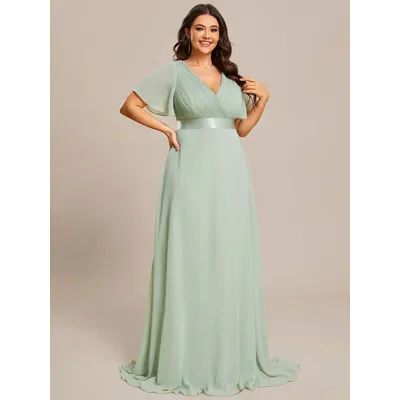 Robes de soirée grande taille, longues, coupe trapèze, double col en V, à volants, en mousseline de soie vert menthe, pour demoiselles d'honneur