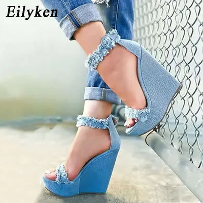 Eilyken concepteur romain Denim sandales été femme haute qualité compensées talons hauts Peep Toe plate-forme chaussures