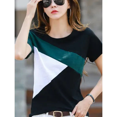 T-shirt d'été 2026 pour femme 100 % coton, chemises à manches courtes pour femmes, hauts à col rond, t-shirts amples, hauts patchwork décontractés de haute qualité