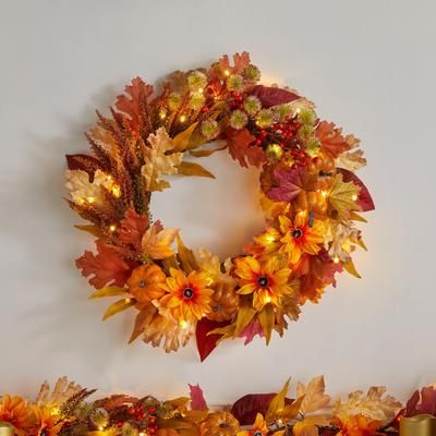 24" Pre-Lit Harvest Daisy Wreath by BrylaneHome in Daisy Fall Maple Leaves Berries Pinecones, Wheat Candles Thanksgiving Decoration