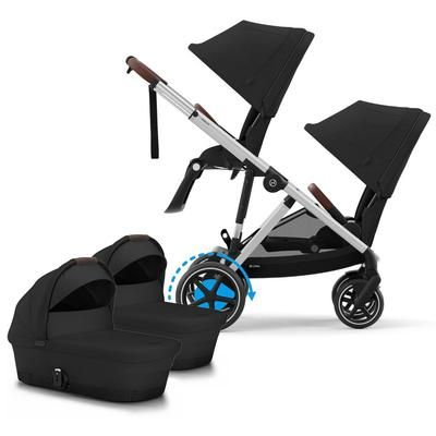 Cybex eGazelle S Electronic Assist Twin Stroller + Cot Bundle - Silver Frame / Moon Black