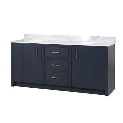 Randolph Morris Cora 72 Inch Solid Wood Double Bathroom Vanity in White Carrera Marble with Rectangular Undermount Sinks - Navy RMAST-72NB-1SWH