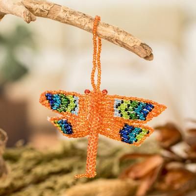 Orange Free Flight,'Glass Beaded Dragonfly Ornament in Orange Hue from Guatemala'