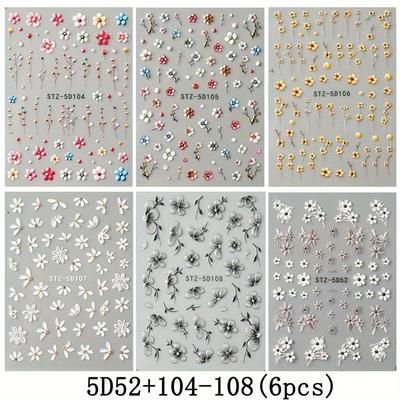 TEMU 6pcs Daisy Flower Nail Sticker Set, 5d Embossed Frosted Colorful Floral Acrylic Nail Decals For Women And S, Self-adhesive Nail Art Accessories