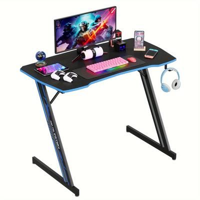 Gaming Desk Computer Desk Office Desk Modern Z-shaped Computer Table With Headphone Hooks And Carbon Fiber Surface, Gaming Esports Table Playing Games With Full Gaming Experience