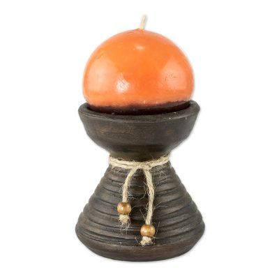 Natural Light in Orange,'Brown Ceramic Candleholder with Handmade Orange Candle'