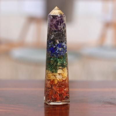 'Chakra-Inspired Multi-Gemstone Obelisk Sculpture from India'