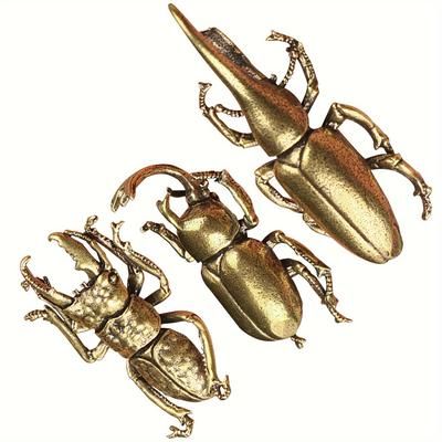 TEMU 3pcs Vintage Brass Golden Decorations, Solid Metal Insect Statues, Rustic Long Horn Bug Sculpture, Miniature Animal Figurines For Home Office Garden Desktop Decor