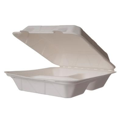 Vegware WHBRG-9-3HW 3 Compartment Hinged Lid Food Container - 9" x 9", Molded Fiber, White