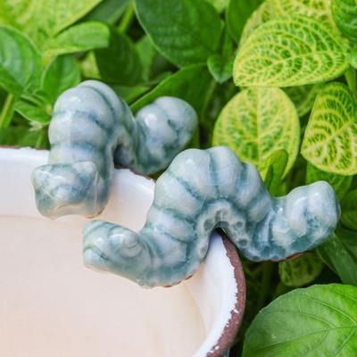 Serene Wiggles,'Pair of Crackled Celadon Ceramic Worm Figurines in Blue'