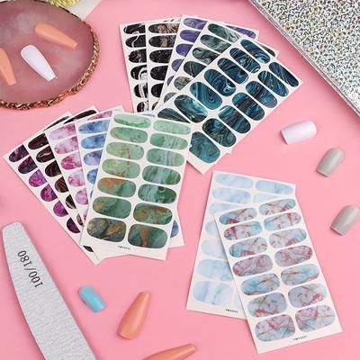 TEMU 12 Sheet Full Wrap Nail Polish Stickers, Marble Design Nail Strips Self-adhesive Gel Nail Strips, Nail Art Decals For Home Women Girls Nail Decorations