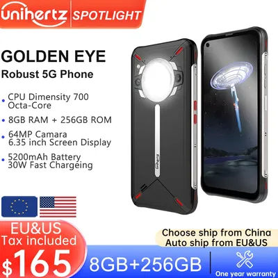 Unihertz Golden Eye 5g Ultra Slim Rugged Smartphone Camping Light 8GB 256GB 64MP Camera Cell Phone, Mobile Phone,30W ,5200mAh