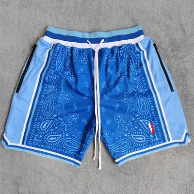 Trillest Los Angeles Style Blue Paisley Printed Basketball Shorts with Zipper Pockets Bryant LeBron Street Wear Training Pants