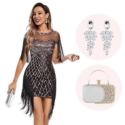 Anni Ruggenti Anni 1920 Mini Abito Flapper Abiti Maniche corte Il grande Gatsby Invitato al matrimonio Paillettes Frangia con nappe Scollo Tondo Costume Per donna Natale Carnevale Mascherata Festa