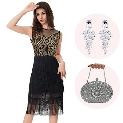 Anni Ruggenti Anni 1920 Lunghezza al ginocchio Abito Flapper Abiti Senza maniche Il grande Gatsby Invitato al matrimonio Paillettes Frangia con nappe Scollo Tondo Costume Per donna Natale Carnevale
