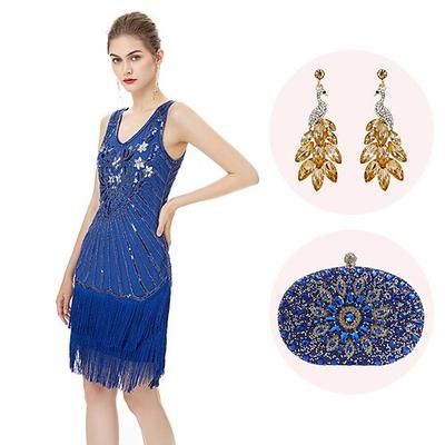 Anni Ruggenti Anni 1920 Lunghezza al ginocchio Abito Flapper Abiti Senza maniche Il grande Gatsby Invitato al matrimonio Paillettes Frangia con nappe Scollo a V Costume Per donna Natale Carnevale