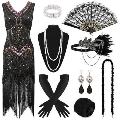 Anni Ruggenti Anni 1920 Lunghezza al ginocchio Vestito Abito Flapper Abiti Senza maniche Il grande Gatsby Charleston Invitato al matrimonio Paillettes Frangia con nappe Piuma Scollo a V Costume Per
