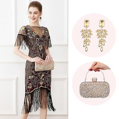 Anni Ruggenti Anni 1920 Lunghezza al ginocchio Abito Flapper Abiti Maniche corte Il grande Gatsby Invitato al matrimonio Paillettes Frangia con nappe Scollo Tondo Costume Per donna Natale Carnevale
