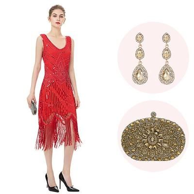 Anni Ruggenti Anni 1920 Lunghezza al ginocchio Abito Flapper Abiti Senza maniche Il grande Gatsby Invitato al matrimonio Paillettes Frangia con nappe Scollo a V Costume Per donna Natale Carnevale