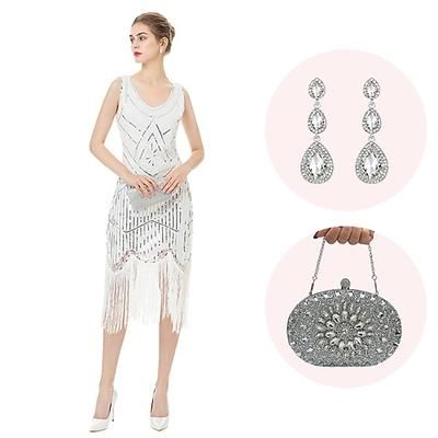 Anni Ruggenti Anni 1920 Lunghezza al ginocchio Abito Flapper Abiti Senza maniche Il grande Gatsby Invitato al matrimonio Paillettes Frangia con nappe Scollo a V Costume Per donna Natale Carnevale