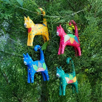 'Set of 4 Hand-Painted Wooden Cat-Themed Christmas Ornaments'