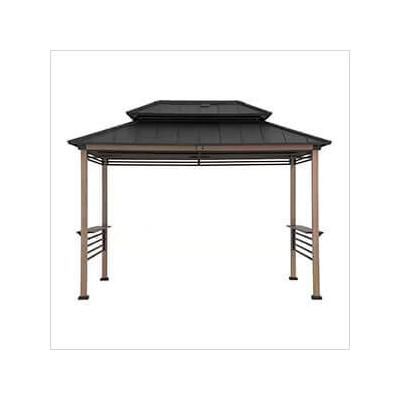 Sunjoy Group 8 x 12 Wooden Grill Gazebo with DC Solar Power and Shelves (Brown)