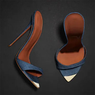 Sandales de gladiateur à talons super hauts pour femmes, chaussures en denim, mules pointues, décoration en métal, luxe sexy
