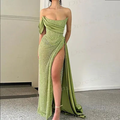 Charmante robe De soirée sirène verte, paillettes scintillantes, Sexy, fente latérale, gracieuse, asymétrique épaule dénudée, personnalisée