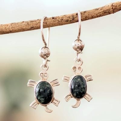 'High-Polished Dark Green Jade Sea Turtle Dangle Earrings'