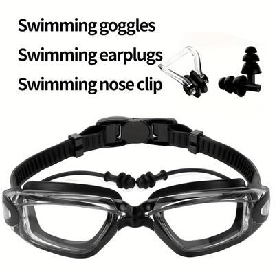 TEMU Adjustable Swimming Goggles Kit With Protection - Includes Swimming Goggles, Earplugs, Nose Clip - Black, Durable Pc Material For , Swimming Gear|adjustable Headgear| Goggles, Swim Goggles