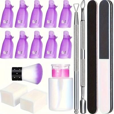 TEMU 18pcs Gel Nail Polish Remover Tool Kit, Including 2 Wipes, 10 Nail Clipper Caps, 1 Nail File, 2 Cuticle Pushers, 1 Sanding Strip, Acetone- Brush ×1, And 1 Separate Bottle For Removal