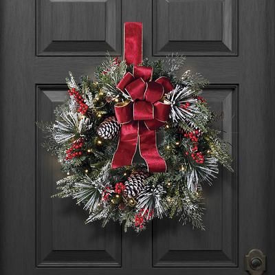 24" Pre-Lit Christmas Wreath - Christmas Cheer Flocked Wreath - Frontgate - Outdoor Christmas Decorations
