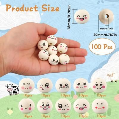 TEMU 100pcs Wood Beads With Cute Faces, 20mm Smile Face Wooden Ball Beads With Holes For Diy Crafts, Crochet Projects & Keychain Making
