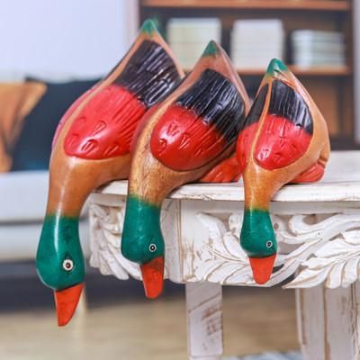 Duck Clan,'Set of 3 Hand-Carved Painted Raintree Wood Duck Sculptures'