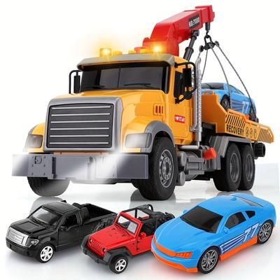 TEMU 15" Toys Set, Include Tow Truck, Racing Car, -road Car, Metal Pickup Truck, Toy Truck With Hook, Sound And Lights Christmas Gifts