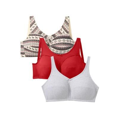 Plus Size Women's 3-Pack Cotton Wireless Bra by Comfort Choice in Classic Red Assorted (Size 50 DD)