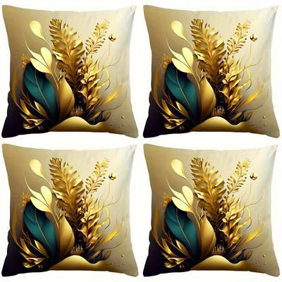 TEMU 4pc "golden Plant" Pattern Digital Printing 18x18 Inch Pillowcase For Home Decoration, Room Decoration, Office Decoration, Living Room Decoration, Sofa Decoration (no Pillow Core)