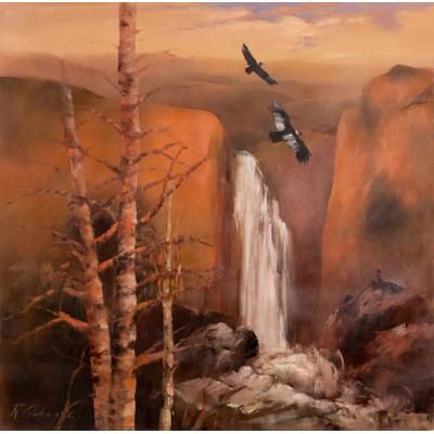 Valley of the Condor II,'Andean Landscape Oil Painting of Condor Waterfall and Nature'