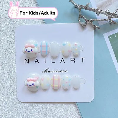 Enfants/adultes presse à la main sur les ongles blanc faux ongles mignon chien manucure fini court tête ronde faux couverture complète ongles conseils Art