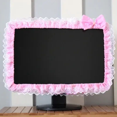 Couverture de cadre d'ordinateur en tissu de dentelle, écran de moniteur, housse anti-poussière avec poche à stylo élastique, arc, décorations pour la maison