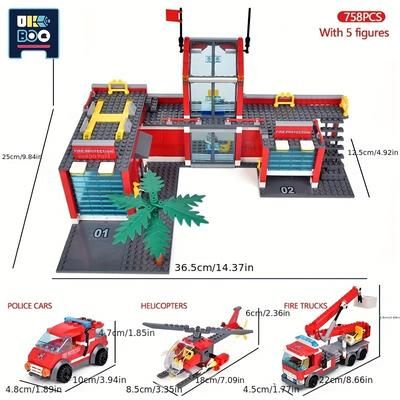 TEMU Firefighter & Rescue Playset - Building Blocks With Fire Truck, Ladder, Helicopter & Car Models - Ideal Gift For Boys 6-8