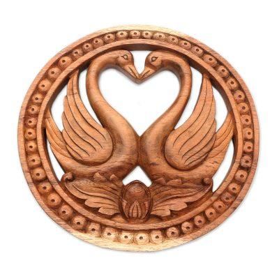 Swan Romance,'Swan-Themed Suar Wood Relief Panel from Bali'